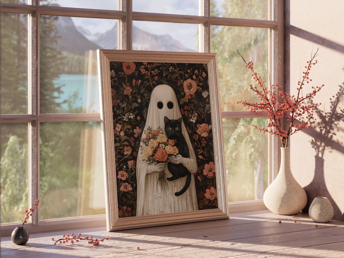 Ghost And Black Cat With Rose Bouquet, Whimsigoth Poster - Image 5