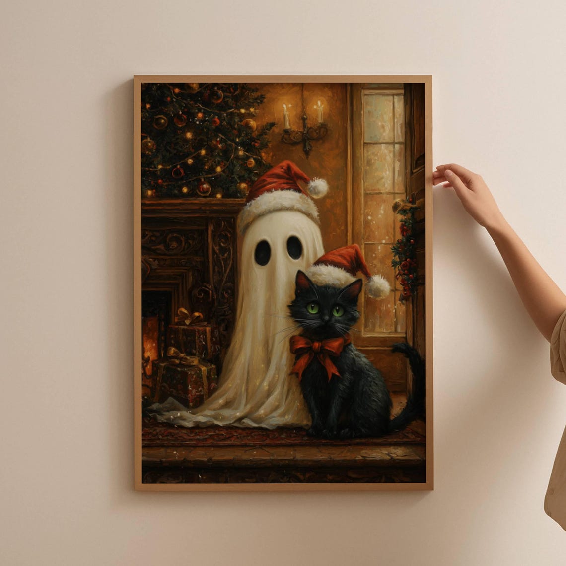 Cute Ghost and Black Cat in Santa Hats by a Fireplace Poster - Image 4