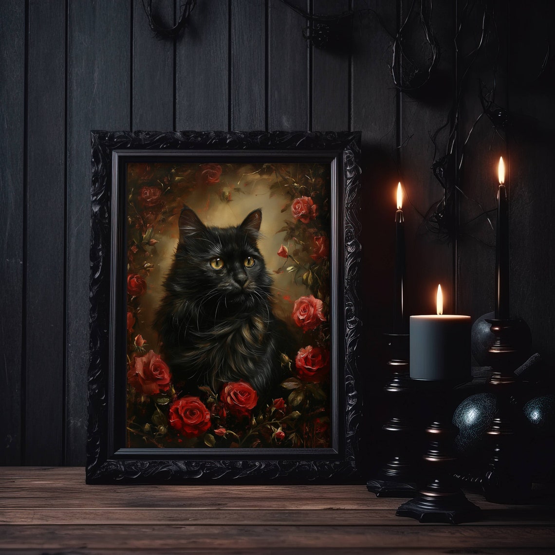 Long Haired Black Cat Portrait Surrounded By Red Roses Oil Poster - Image 5