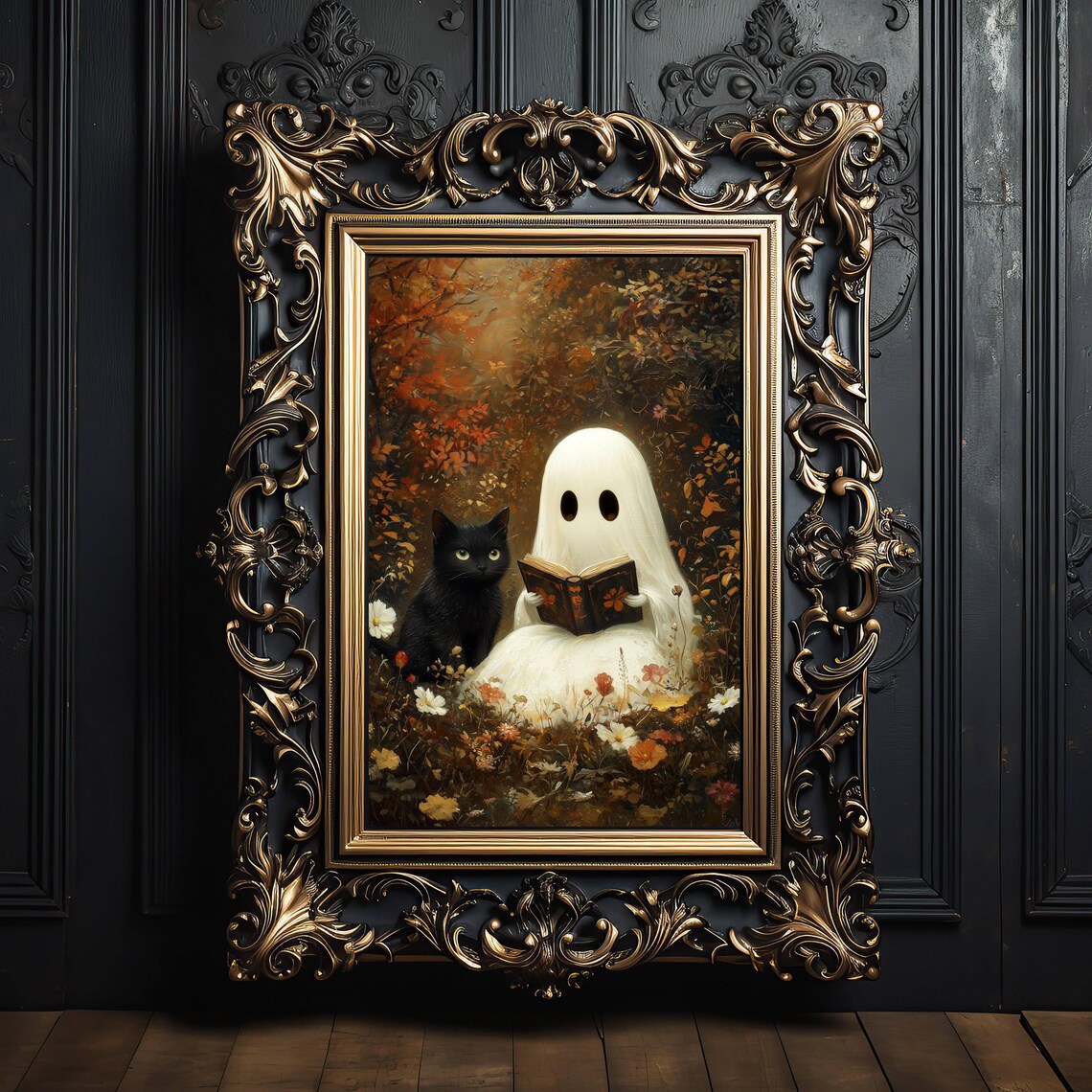 Cute Ghost Reading With Black Cat, Whimsigoth Poster - Image 3