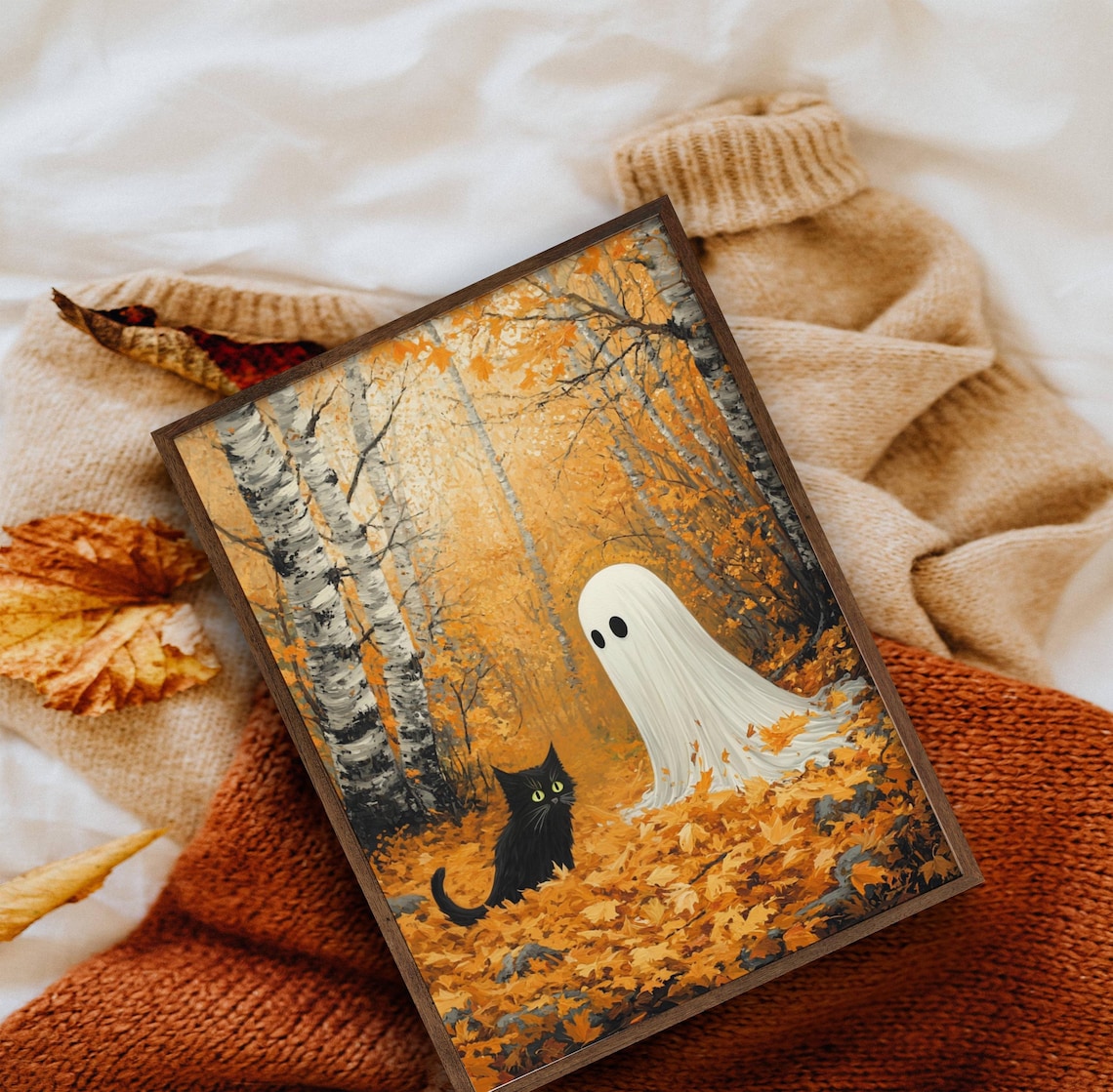Ghost And Cat In Autumn Leaves, Whimsigoth Halloween Art Print - Image 7