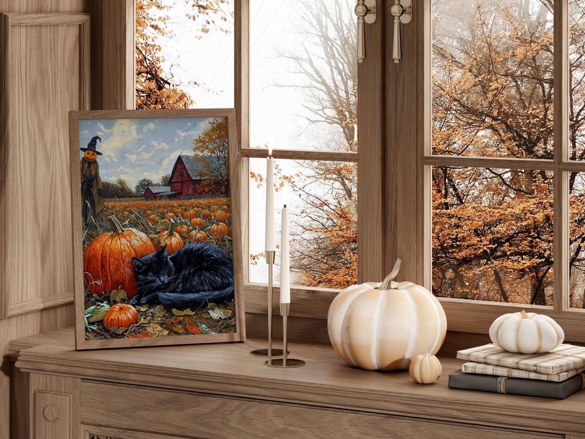 Black Cat Sleeping Among Pumpkins by a Red Barn Halloween Poster - Image 3