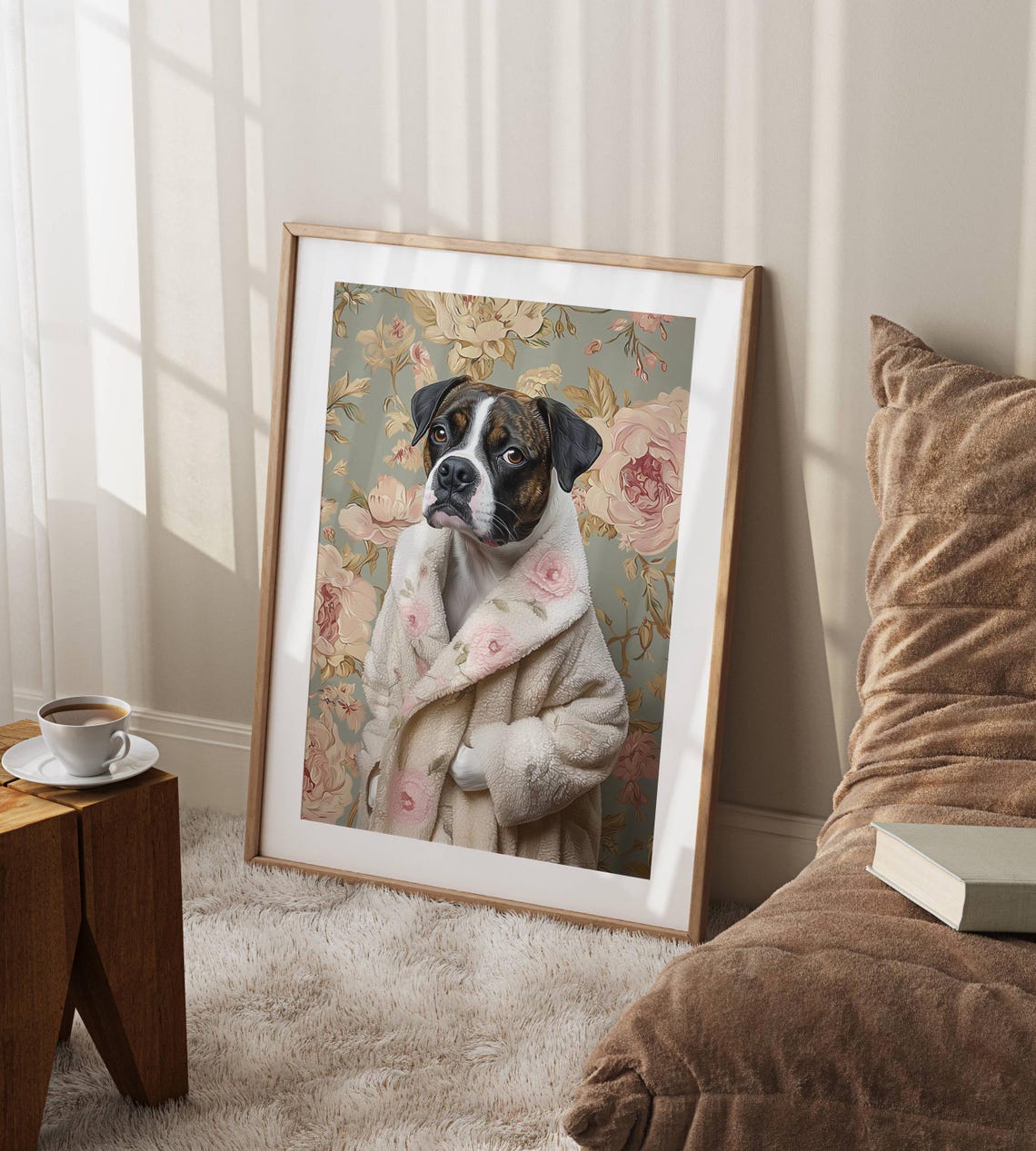 Boxer Dog Wearing a Cozy Floral Bathrobe Funny Dog Portrait Poster - Image 4