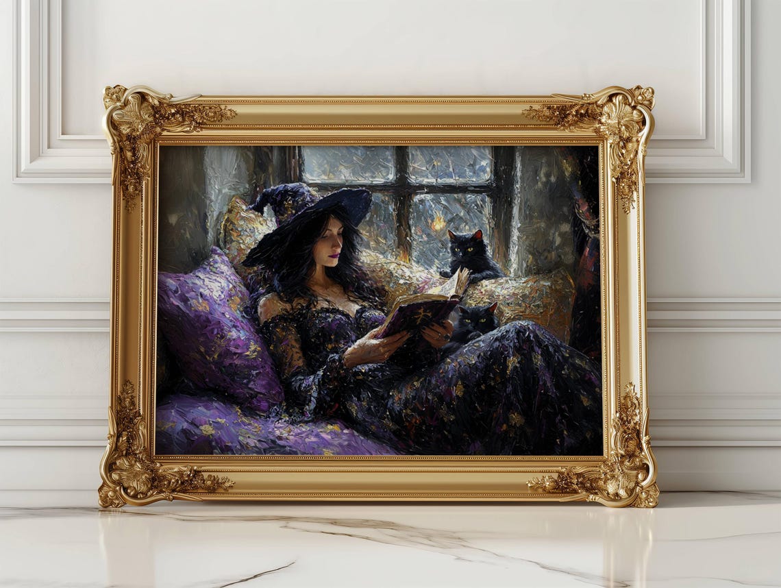 Witch Reading a Spell Book with Two Black Cats by Candlelight Poster - Image 2