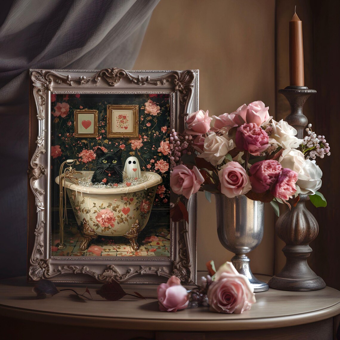 Black Cat and Cute Ghost Sharing a Heart-Filled Bubble Bath Valentine Poster - Image 6