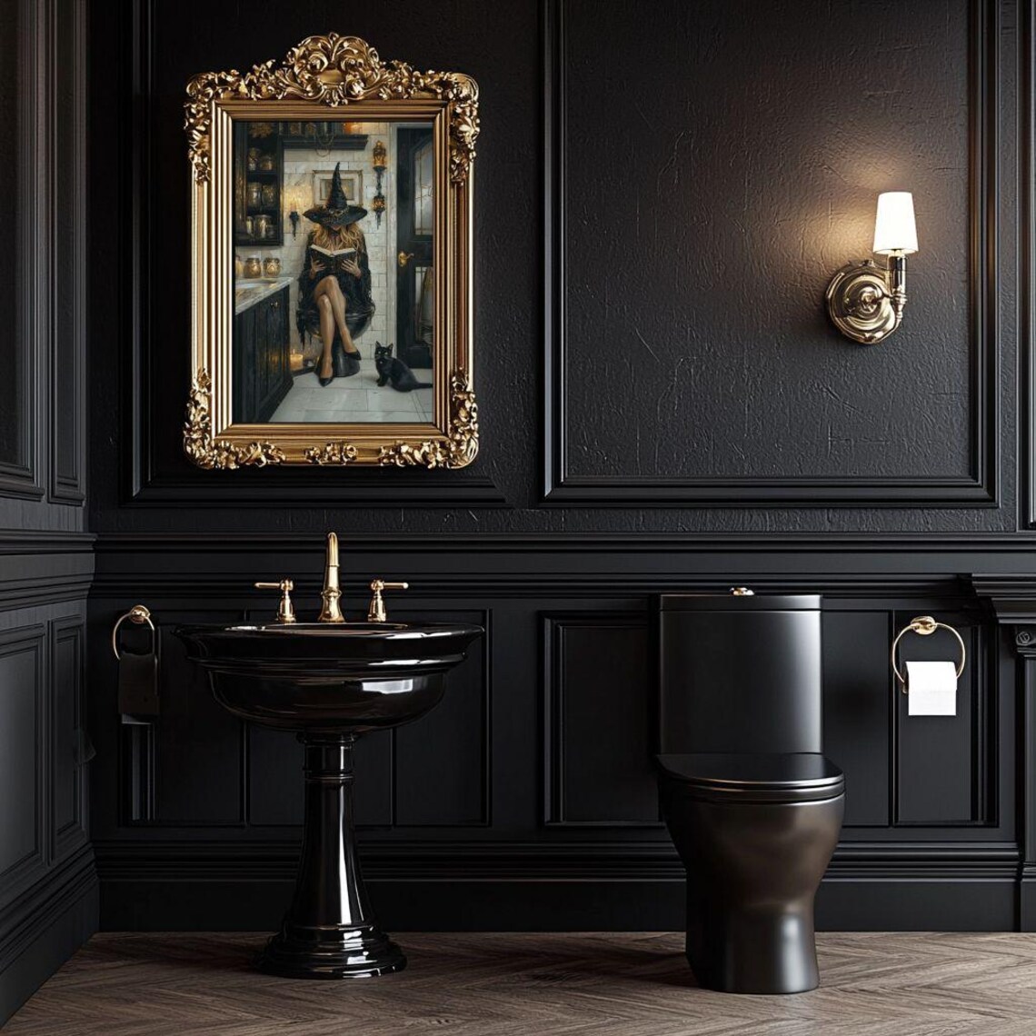 Witch Reading in Bathroom, Whimsigoth Cat Art Print - Image 6