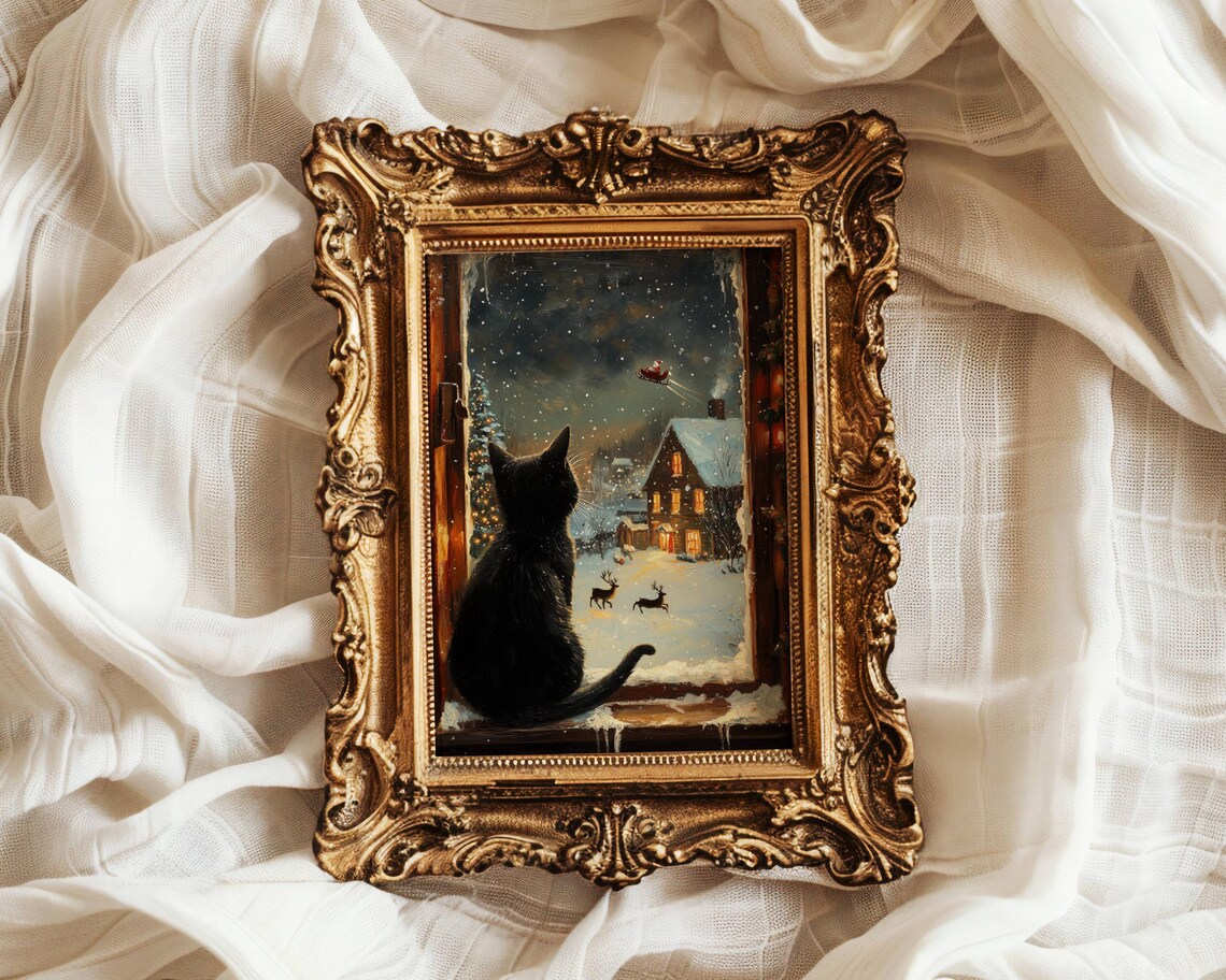 Black Cat Watching Santa Claus Christmas Poster - Image 3