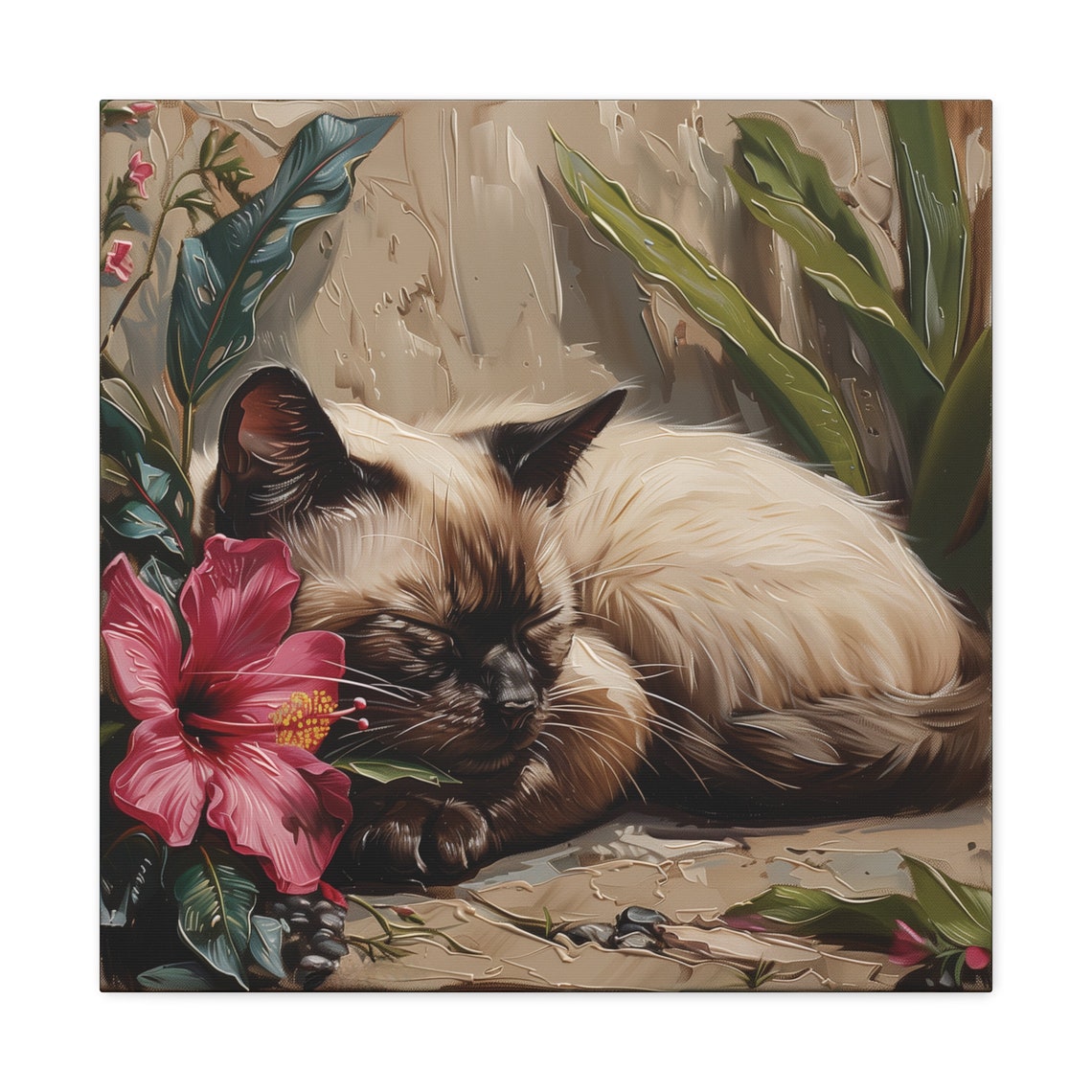 Siamese Cat Sleeping Beside Pink Hibiscus Flower Painting Poster - Image 2