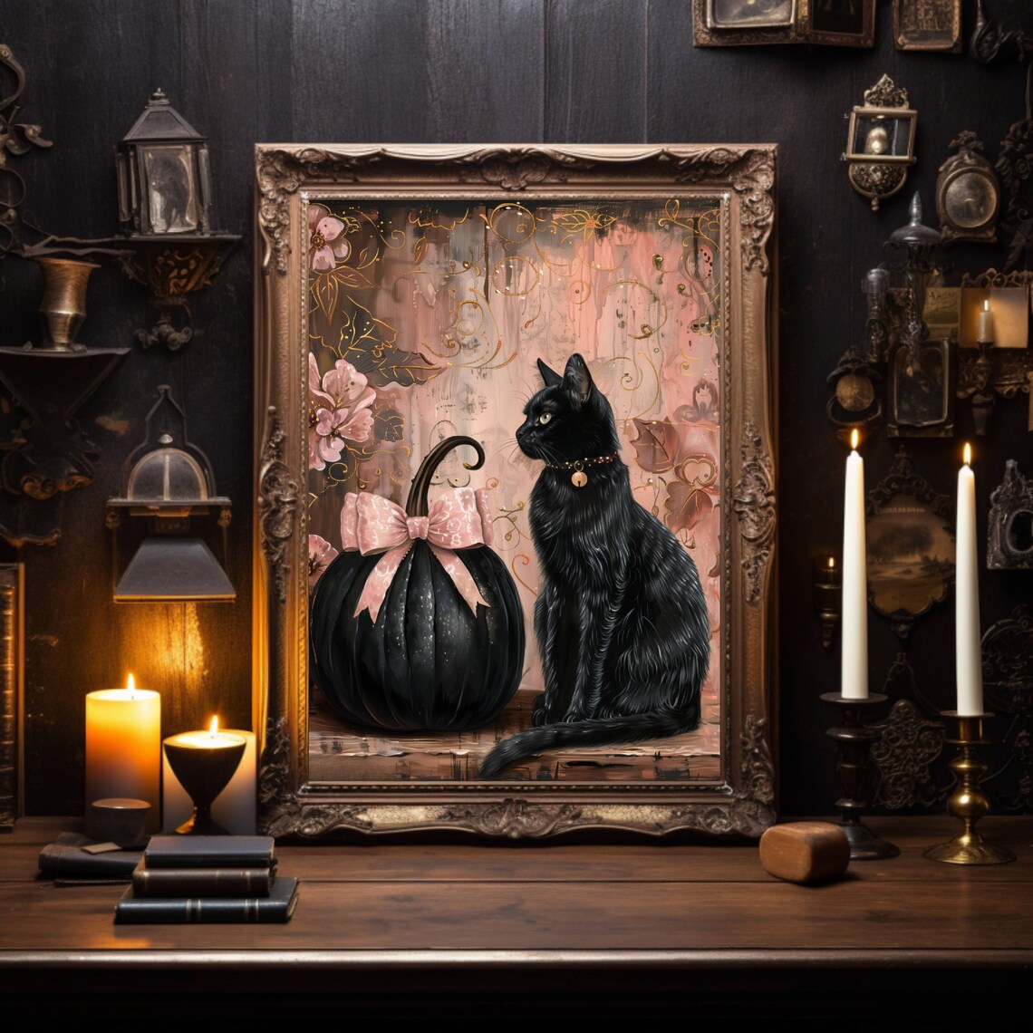Coquette Black Cat and Pumpkin Halloween Art Print - Image 4
