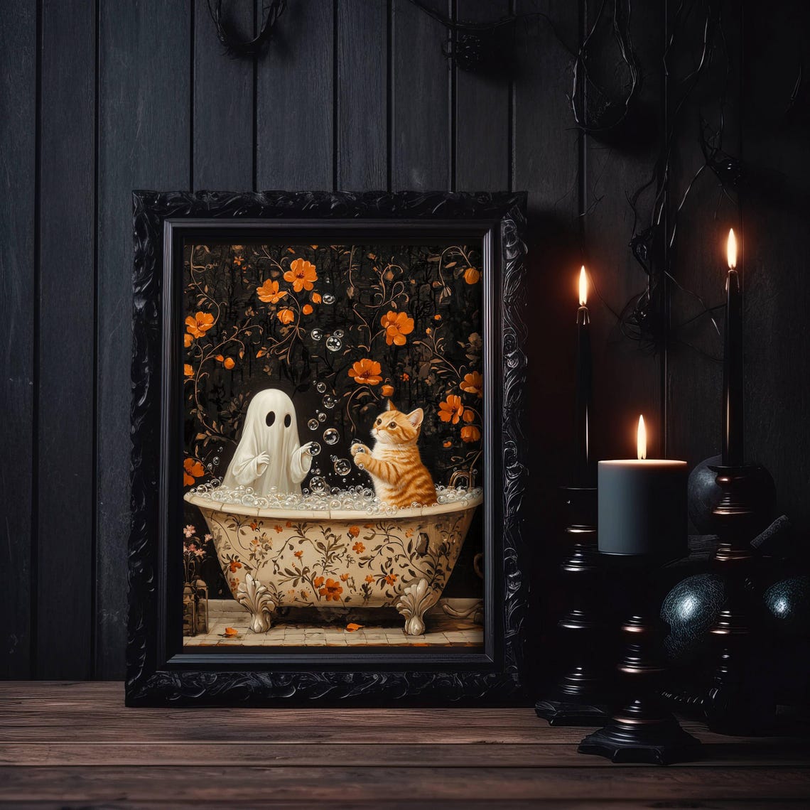 Cute Ghost and a Playful Orange Kitten in a Bubble Bath Poster - Image 4
