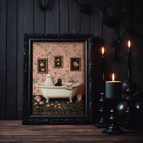 And Black Cat In Pink Floral Bathroom Poster Pretty Bath Wall Art Spooky Cute Print Girly Halloween Decor Unframed