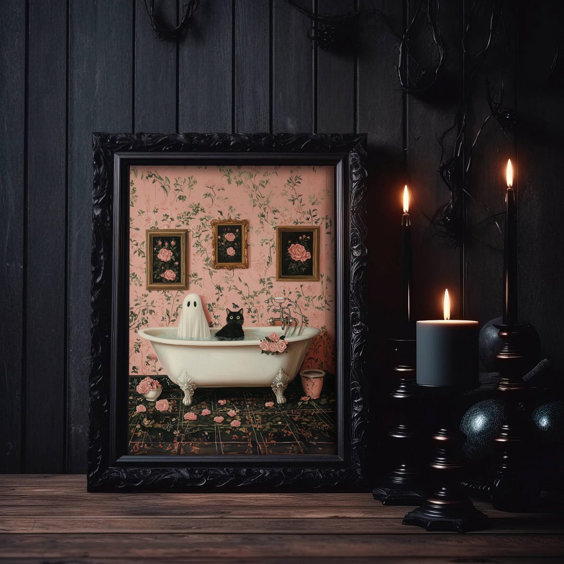 And Black Cat In Pink Floral Bathroom Poster Pretty Bath Wall Art Spooky Cute Print Girly Halloween Decor Unframed