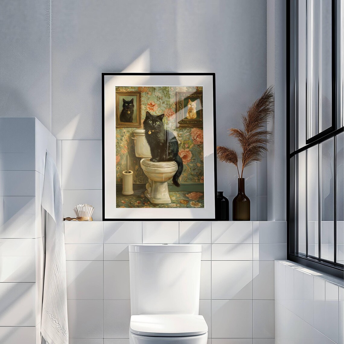 Black Cat Sitting on a Toilet in a Vintage Floral Bathroom Poster - Image 7