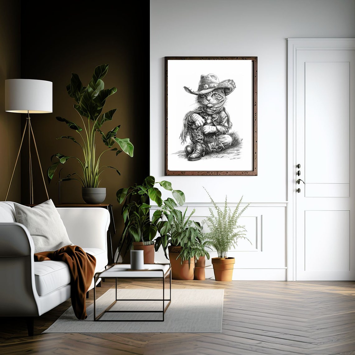 Tabby Cat Cowboy in Black and White Western Pencil Sketch Art Poster - Image 3