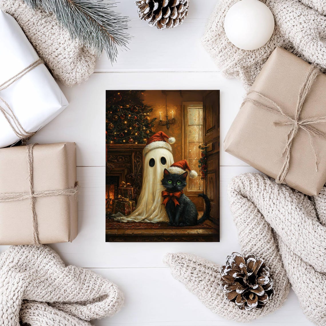 Cute Ghost and Black Cat in Santa Hats by a Fireplace Poster - Image 7