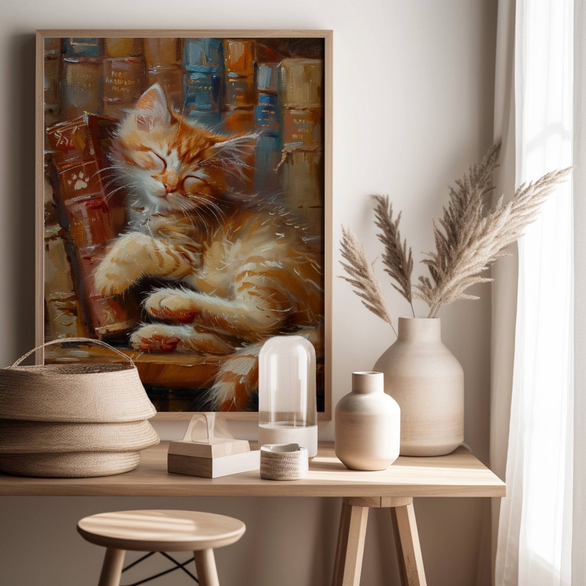 Ginger Kitten Sleeping Among Library Books Oil Painting Poster - Image 2
