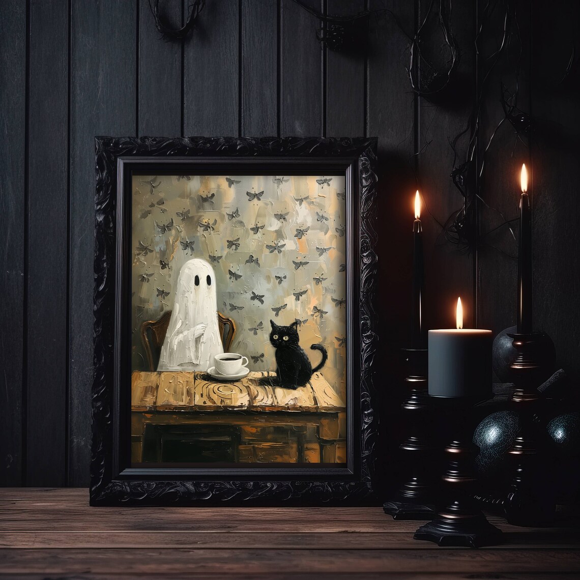 Coffee Time Ghost and Black Cat, Halloween Art Print - Image 6