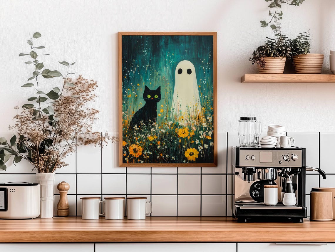 Black Cat and Ghost in Wildflowers Under a Starry Teal Sky Poster - Image 4