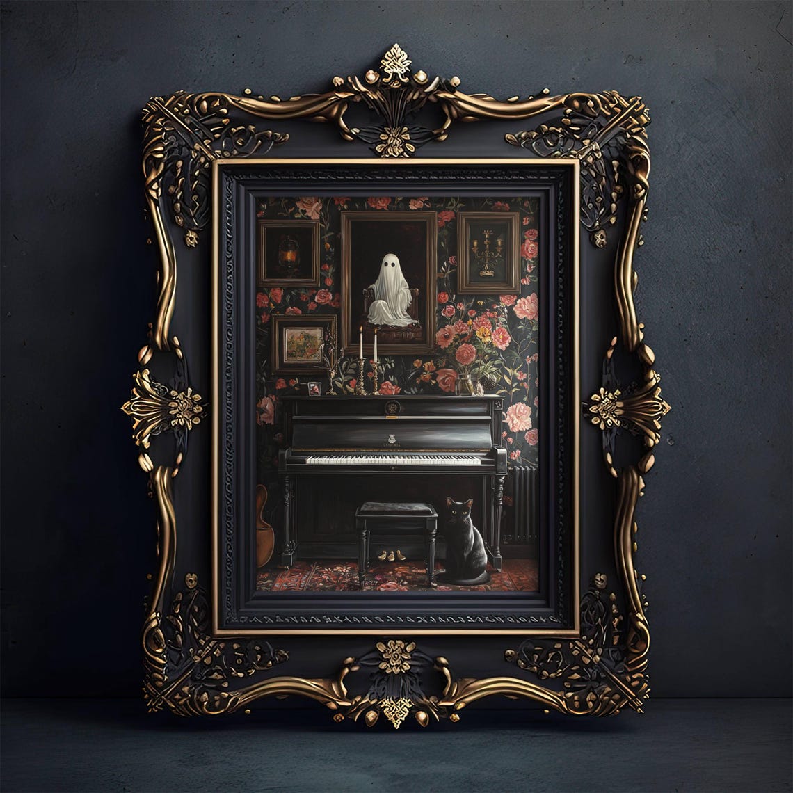 Black Cat by Upright Piano in Gothic Floral Parlor Whimsigoth Poster - Image 5