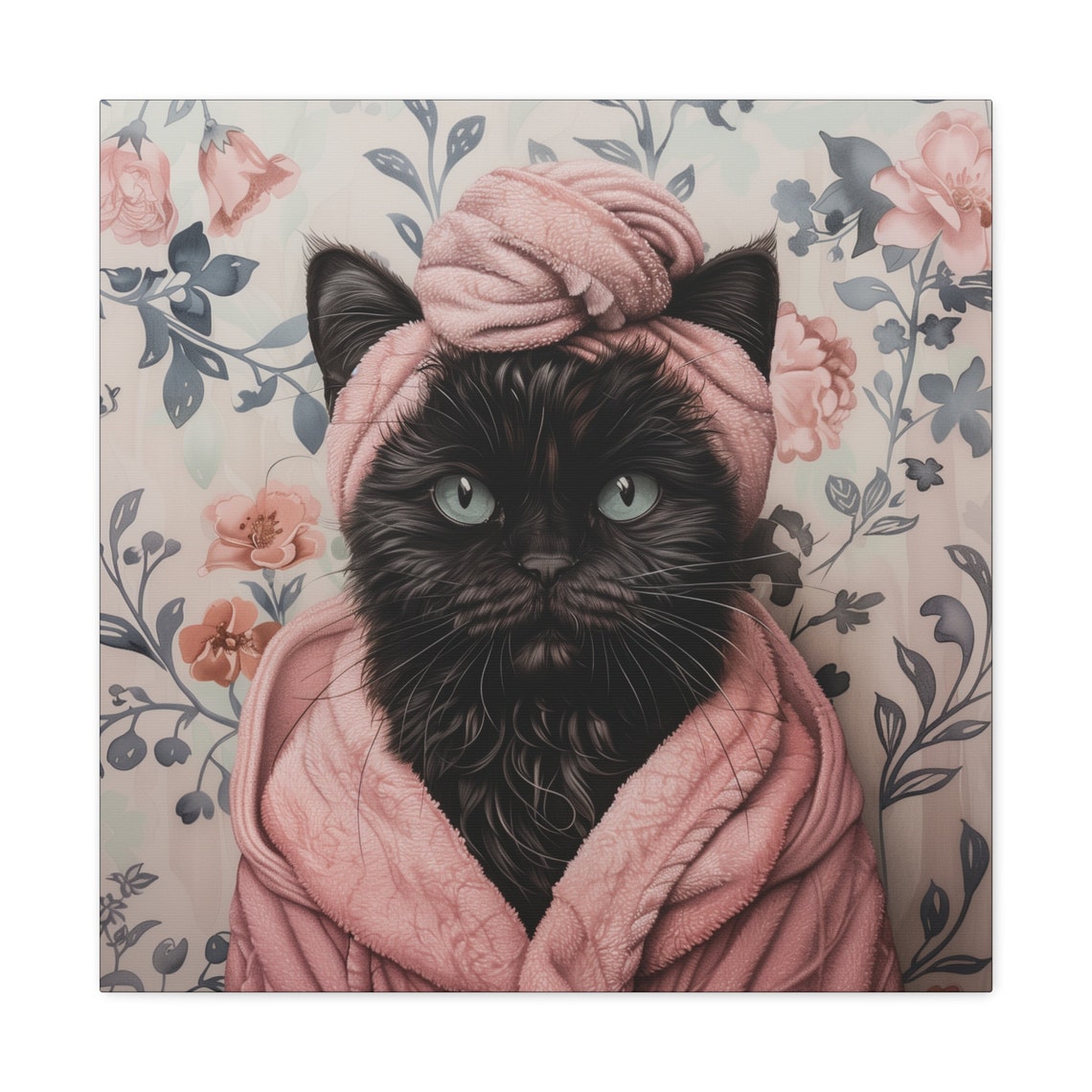 Black Cat In Pink Bathrobe And Towel Turban Bathroom Funny Poster - Image 2
