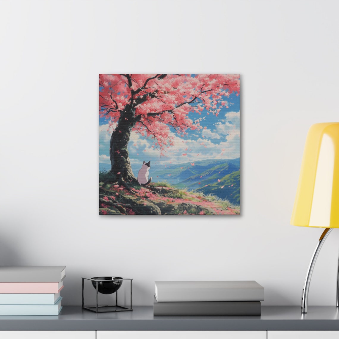 White Cat Under a Cherry Blossom Tree Overlooking Mountains Poster - Image 3
