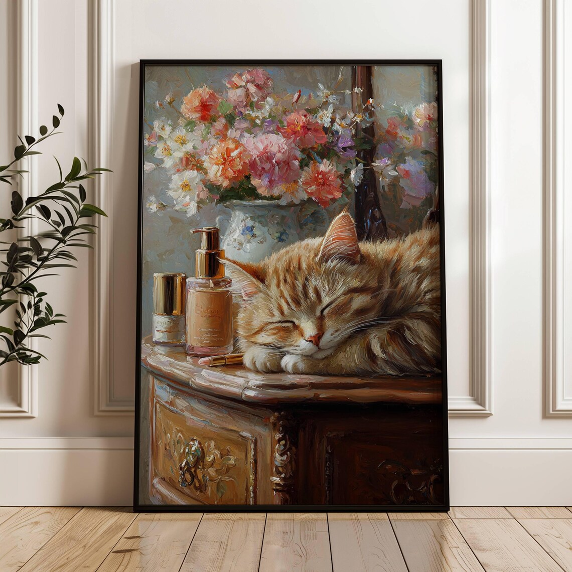 Ginger Cat On Vanity With Spring Flowers Poster - Image 2