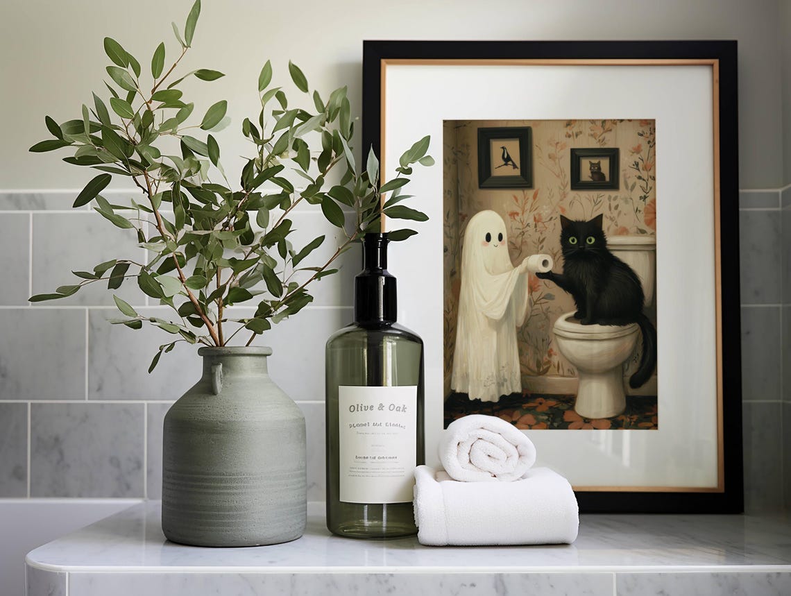 Ghost Handing Toilet Paper to a Black Cat on a Toilet Poster - Image 6