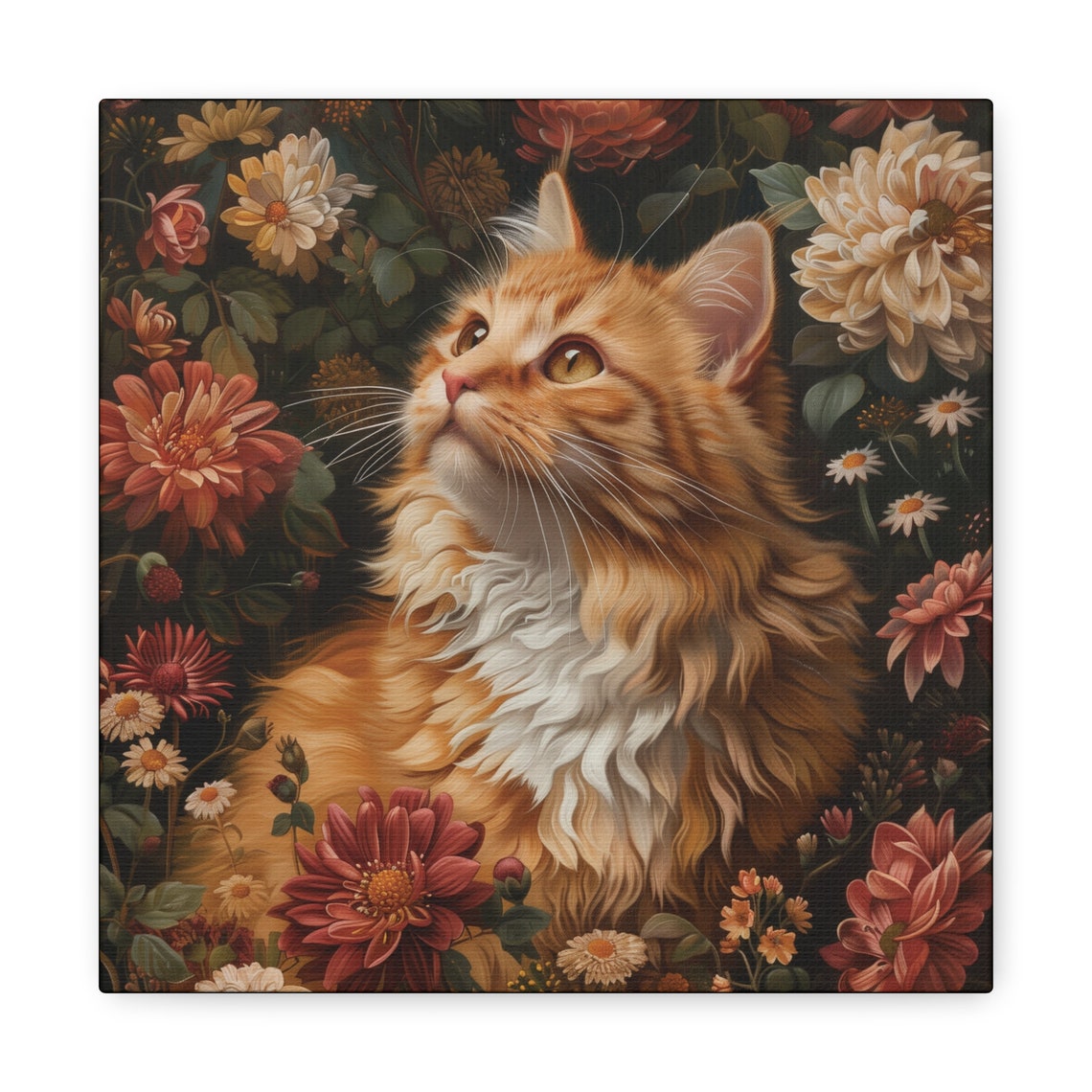 Long Haired Ginger Cat Gazing Up Among Romantic Flowers Poster - Image 2