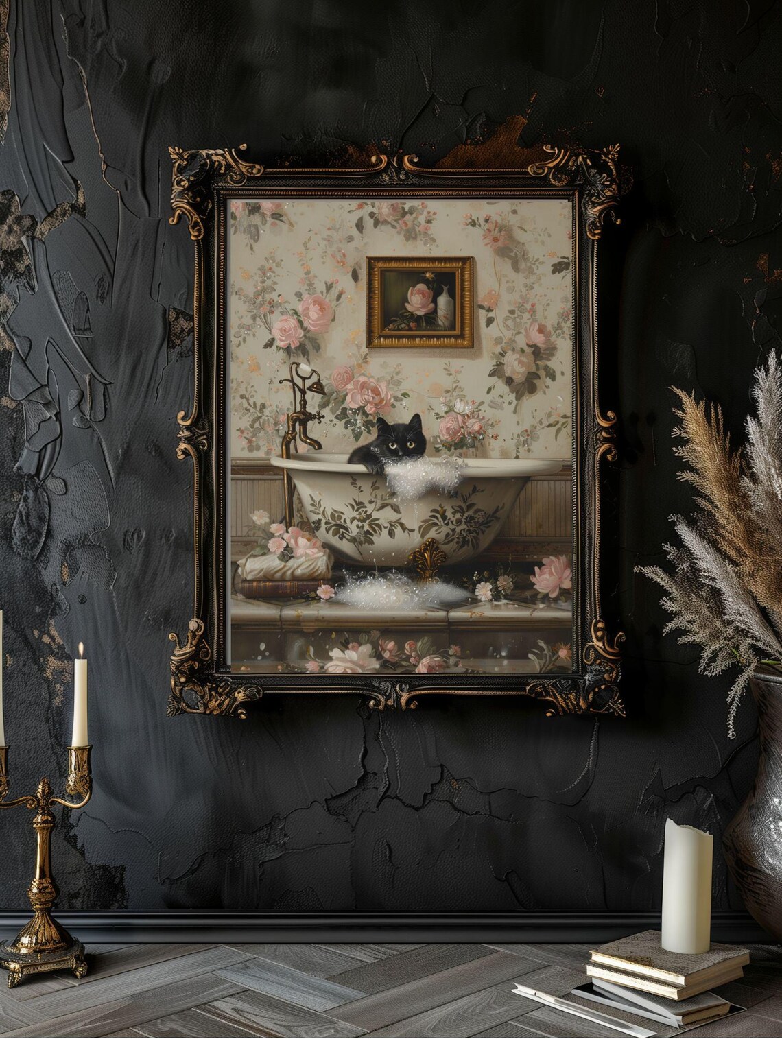 Black Cat in Bathtub, Whimsical Bathroom Art Print - Image 2