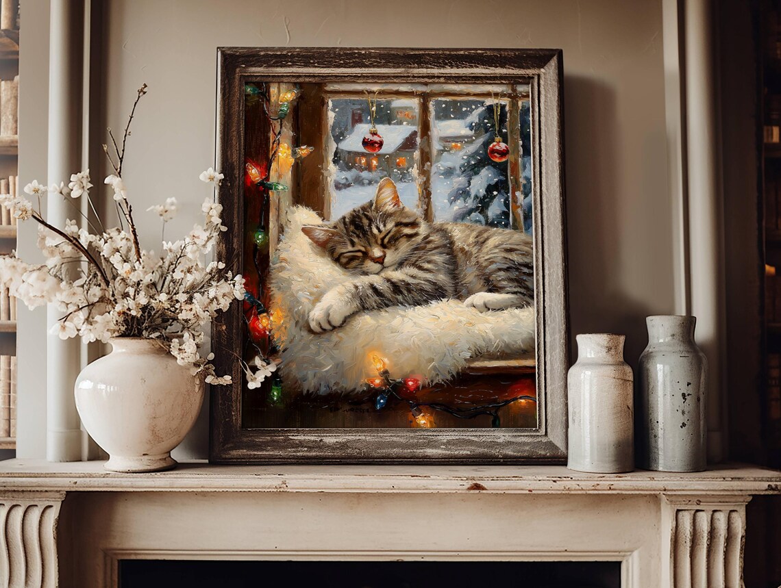 Gray Tabby Cat Christmas Poster, Festive Holiday Decor - Image 4