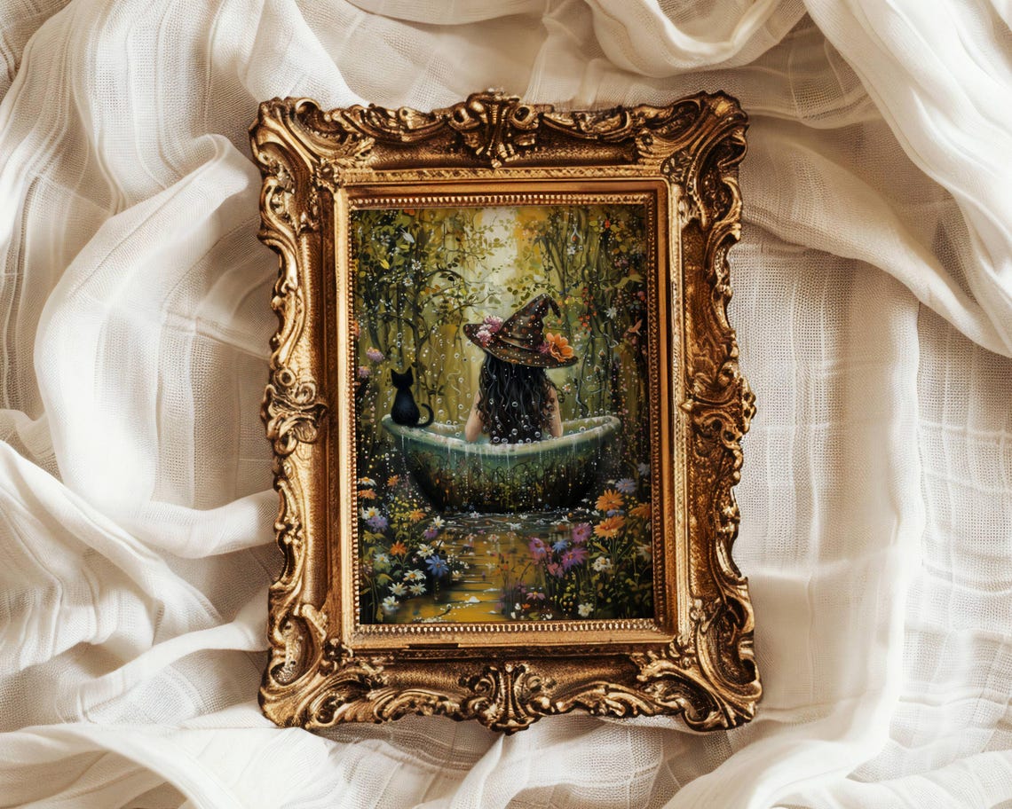 Witch Bathing Outdoors in a Flower Garden With Her Black Cat Poster - Image 5
