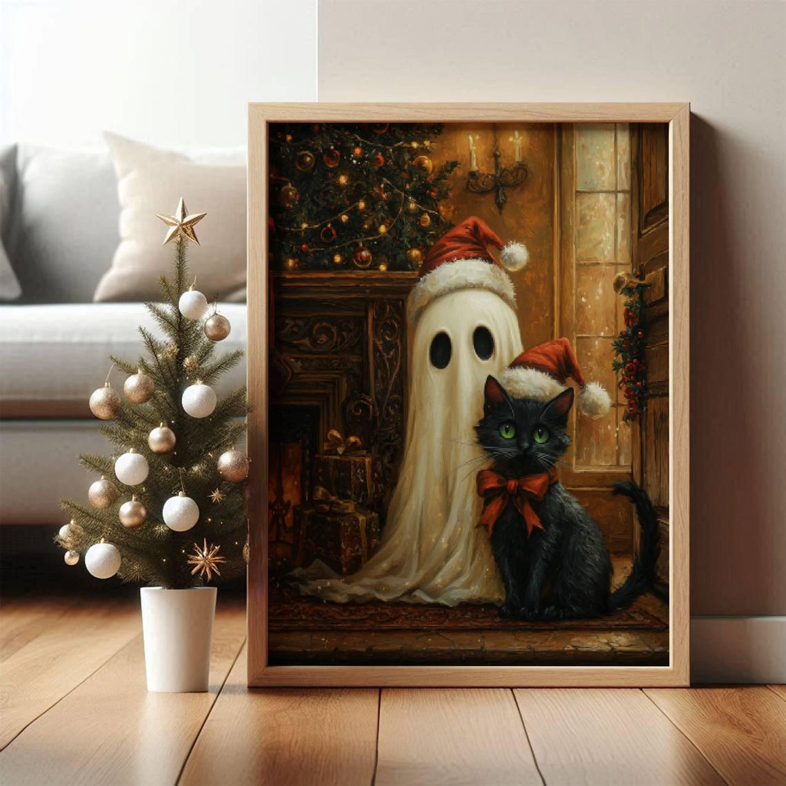 Cute Ghost and Black Cat in Santa Hats by a Fireplace Poster