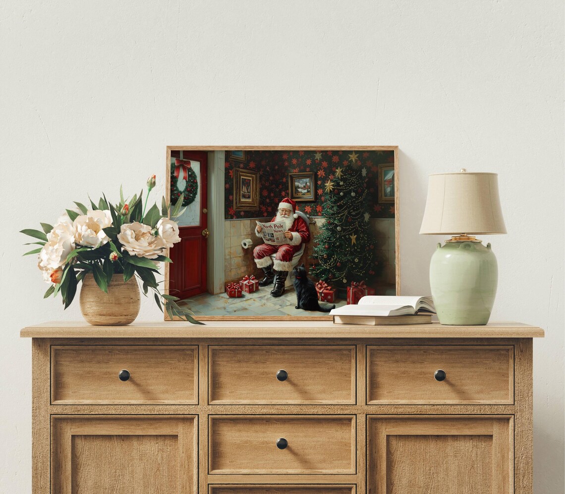 Santa Claus Reading North Pole News on a Toilet With Black Cat Poster - Image 4