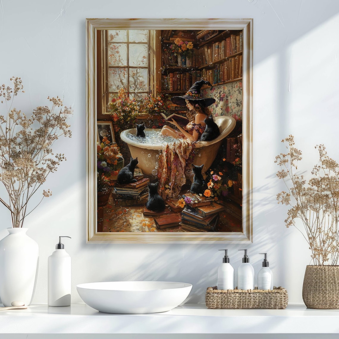 Witch Reading in Bathtub With Black Cats Print - Image 4