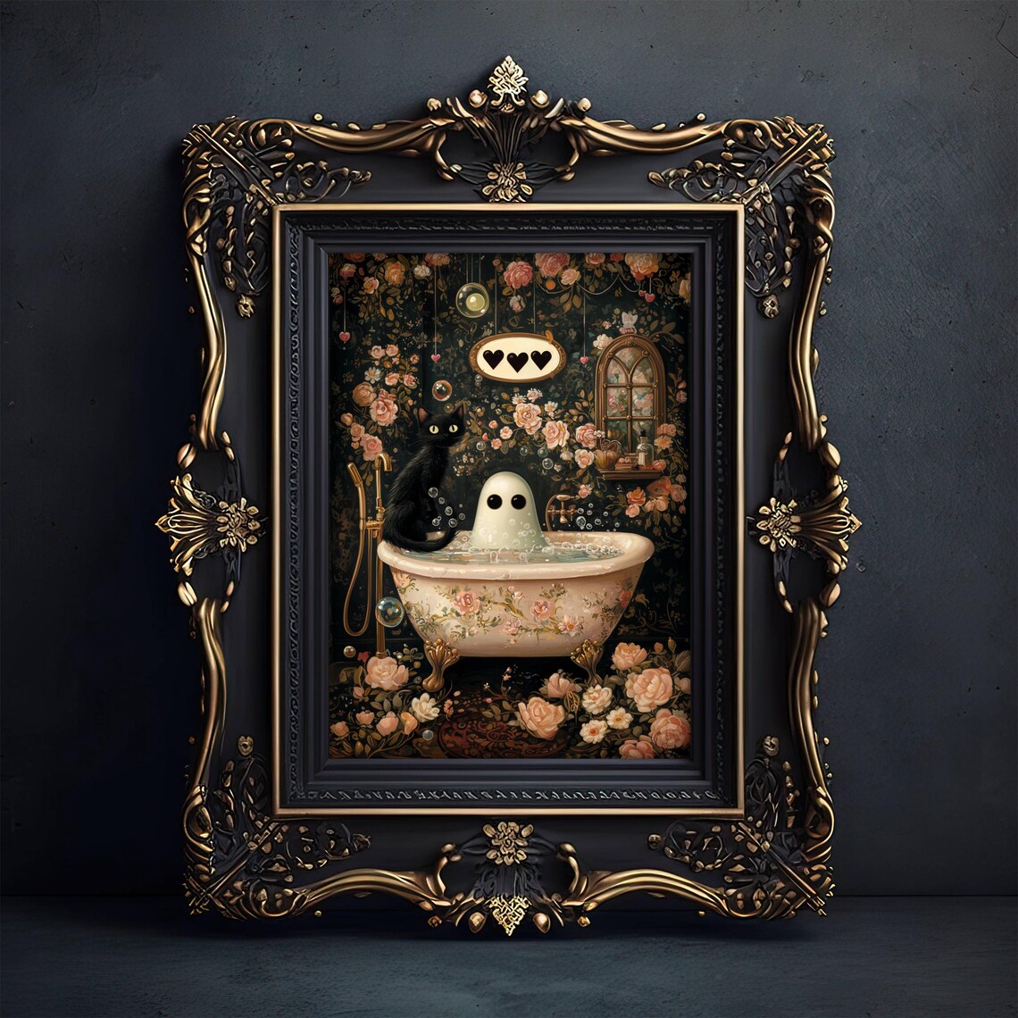 Cute Ghost and Black Cat Soaking in a Rose-Patterned Bubble Bath Poster - Image 5