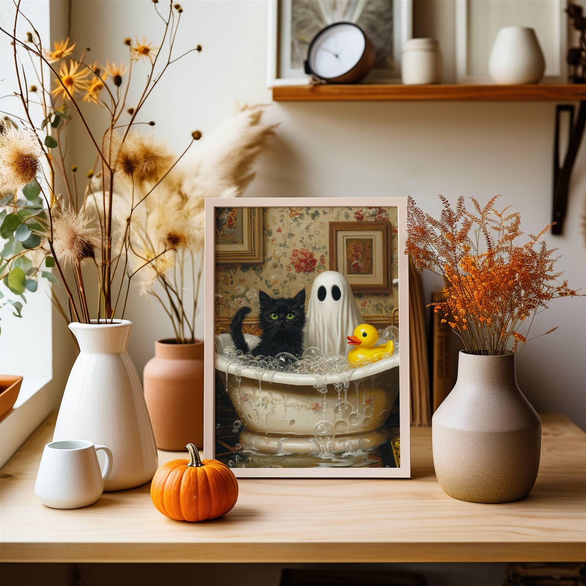 Cute Ghost Black Cat and Rubber Duck in a Bubble Bath Poster - Image 4