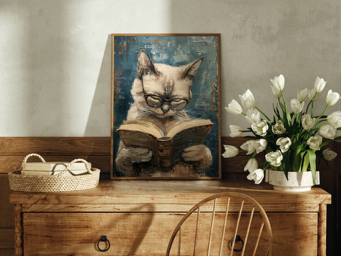 Siamese Cat With Glasses Reading A Book In A Library Art Poster - Image 3