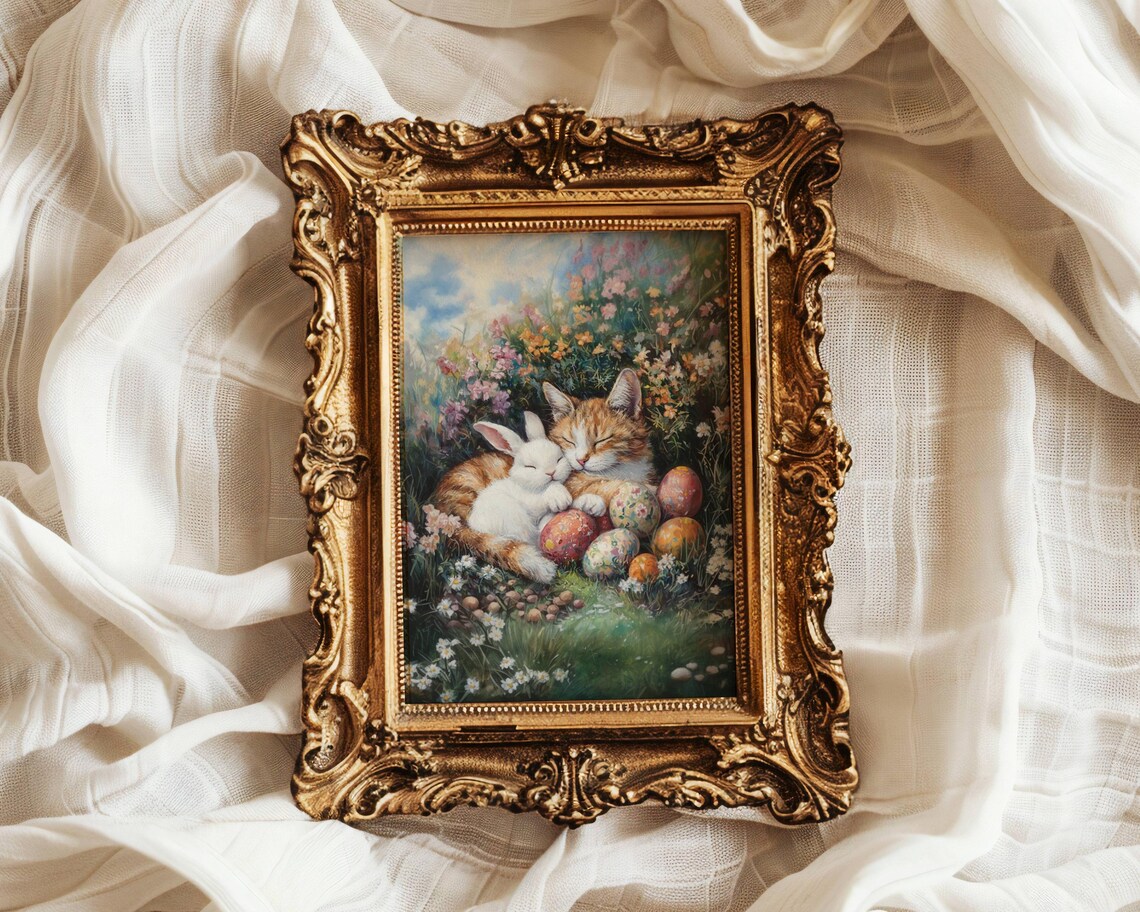 Easter Sleeping Orange Tabby Cat and Bunny Poster - Image 6