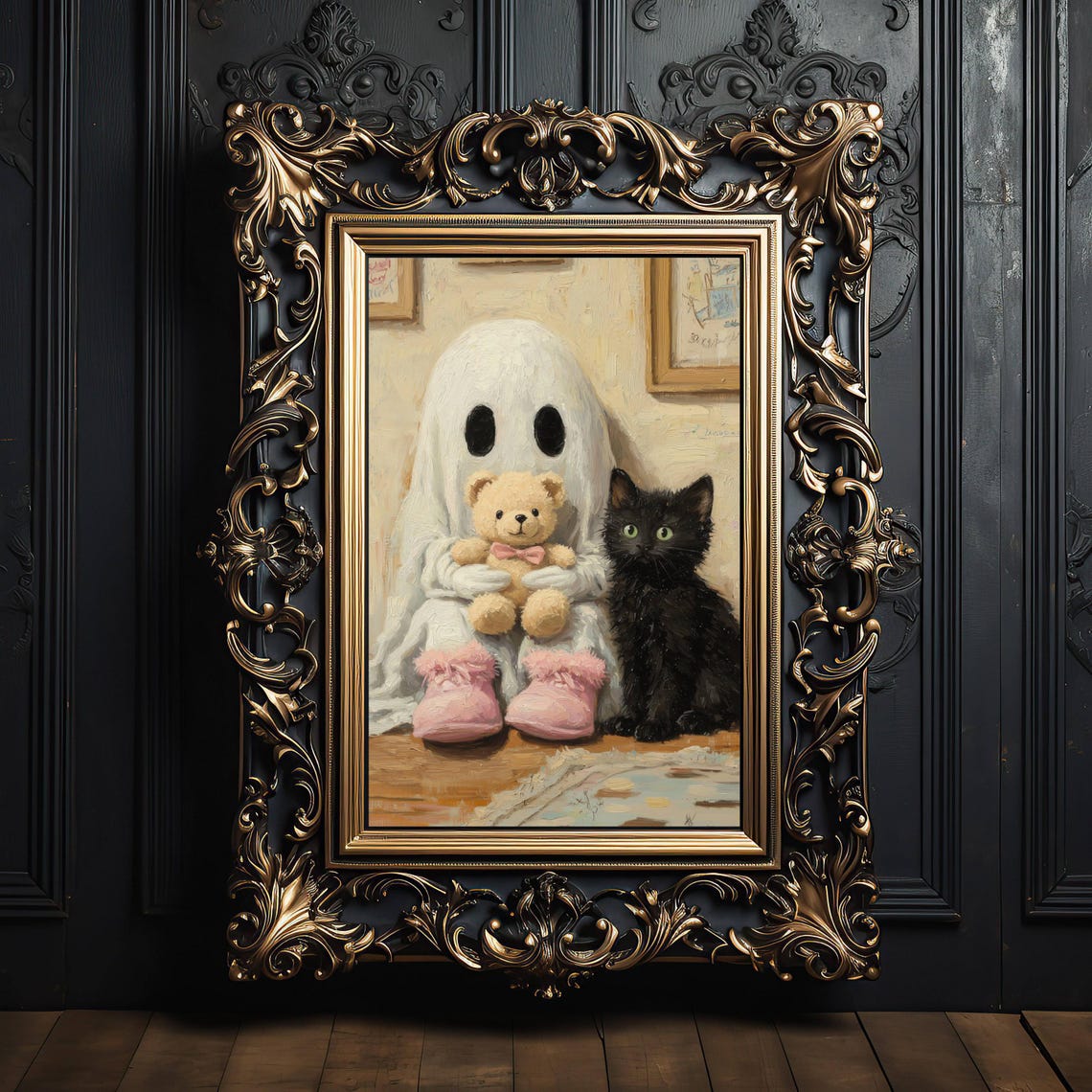 Ghost in Pink Slippers Holding a Teddy Bear Next to a Black Cat Poster - Image 7