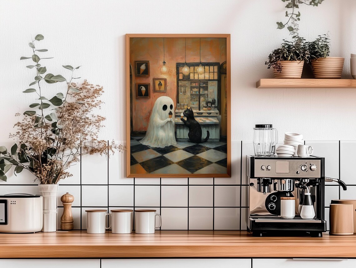 Ghost and Black Cat Sharing Ice Cream in an Old Fashioned Parlor Poster - Image 4
