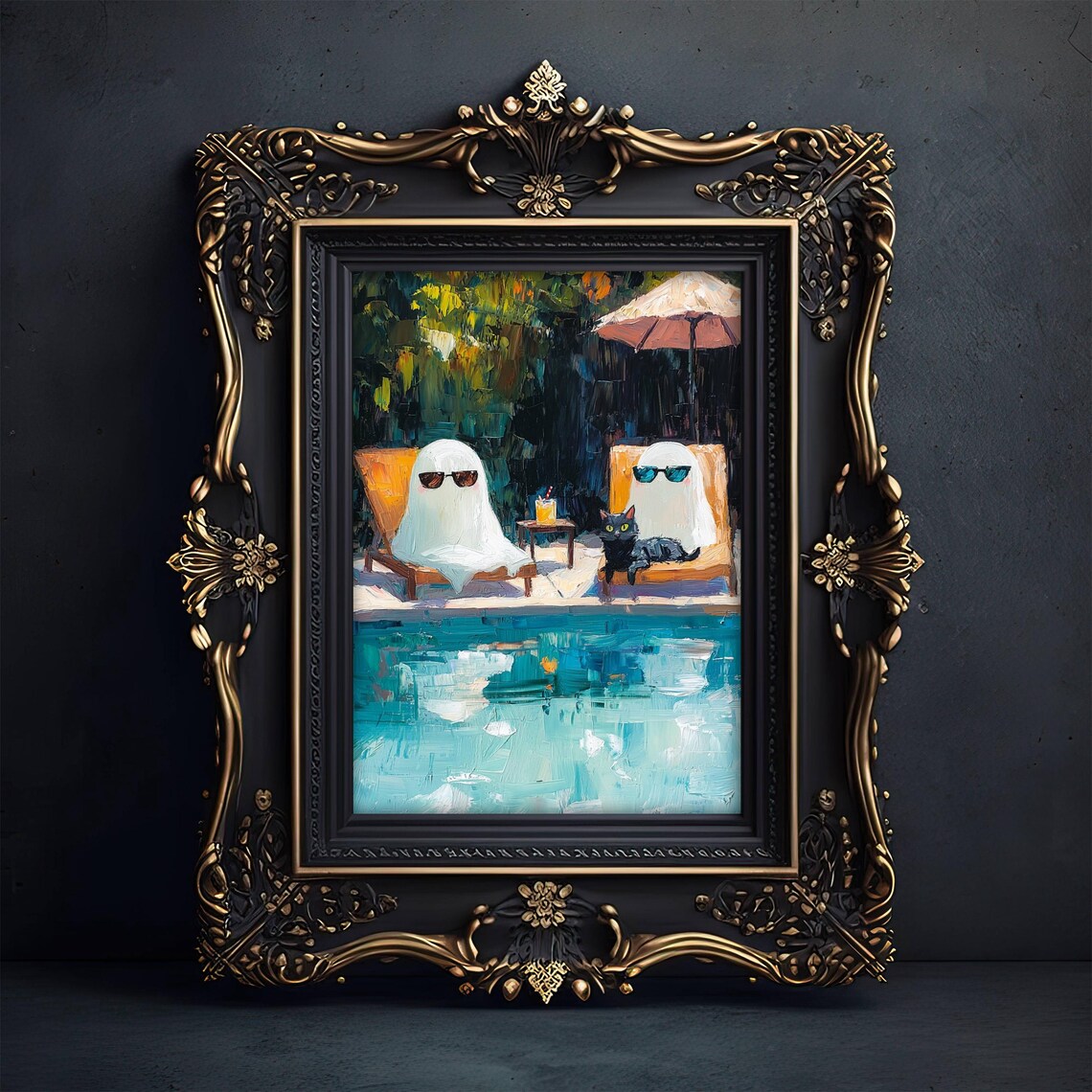 Ghosts And Black Cat At Pool, Whimsigoth Print - Image 3