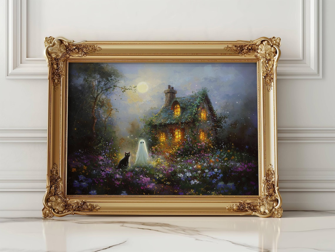 Black Cat and Ghost Cottage, Whimsigoth Art Print - Image 6