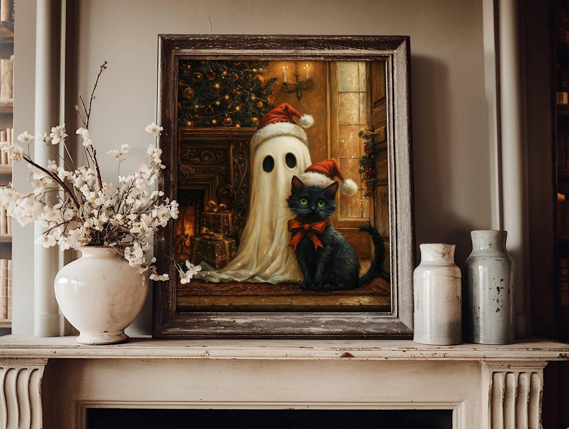 Ghost and Black Cat in Santa Hats by the Christmas Tree Poster - Image 3