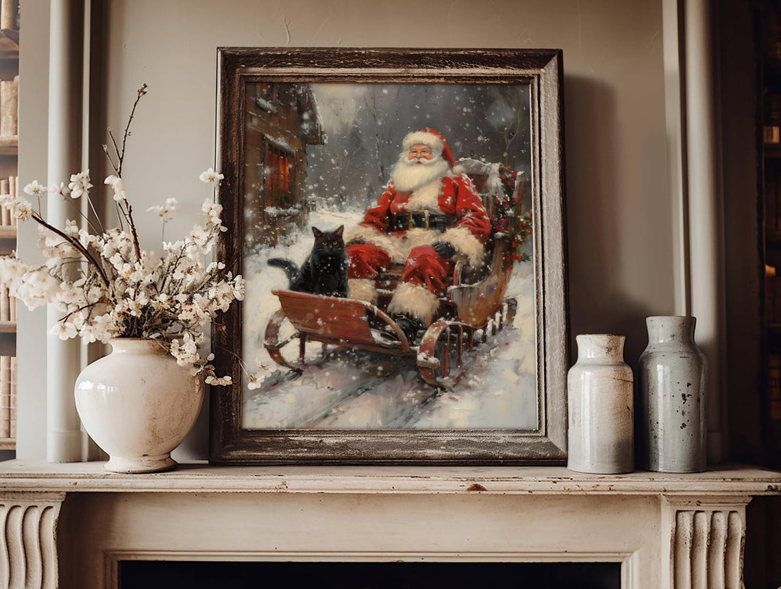 Santa Claus Sleigh Ride With a Black Cat Vintage Christmas Poster - Image 3