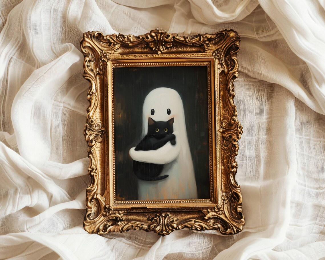 Adorable Little Ghost Hugging a Black Cat Whimsigoth Painting Style Poster - Image 7