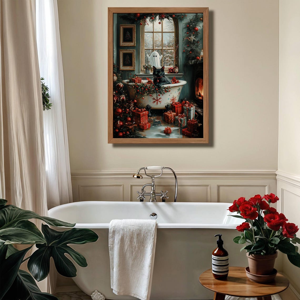 Black Cat in a Festive Bathtub With a Ghost Christmas Poster - Image 7