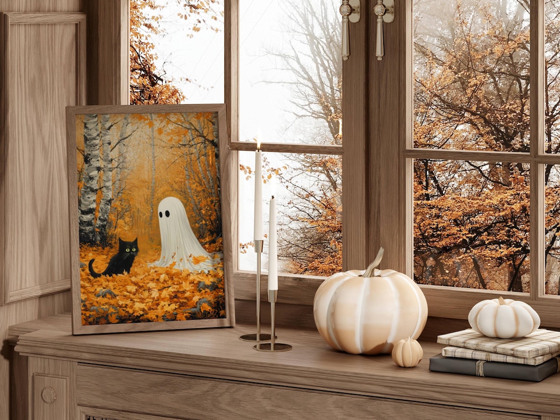 Ghost And Cat In Autumn Leaves, Whimsigoth Halloween Art Print - Image 3