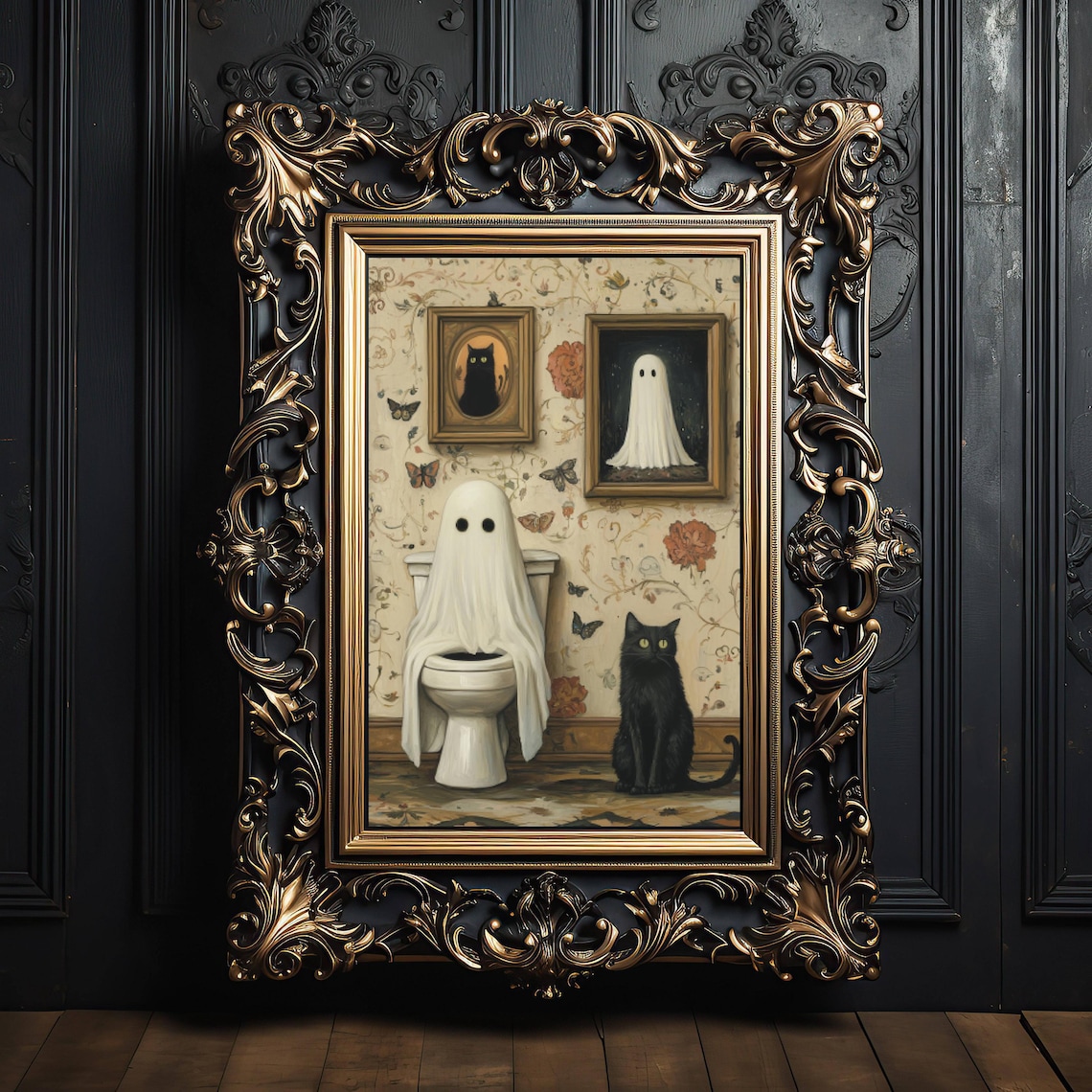 Ghost And Cat Bathroom Poster Print, Whimsical Pet Art