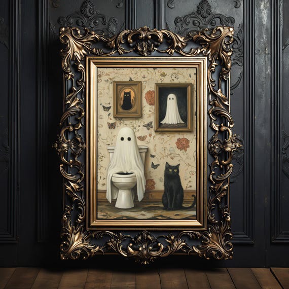 Ghost And Cat Bathroom Poster Print, Whimsical Pet Art