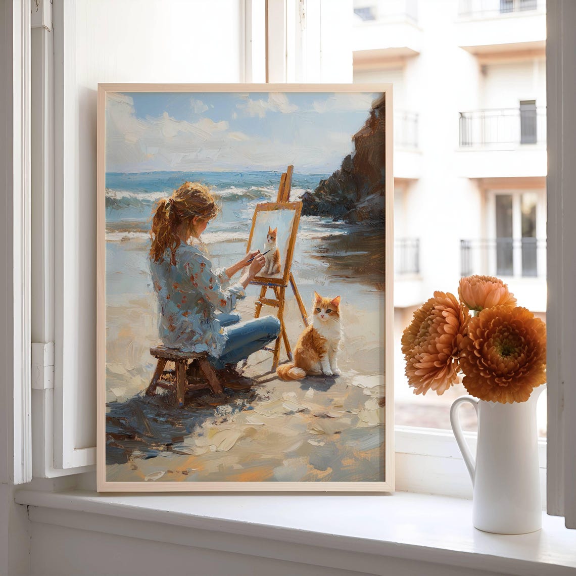 Woman Painting a Ginger Cat on a Sunny Beach Plein Air Art Poster - Image 5